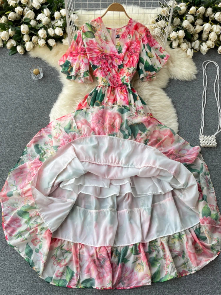 Elegante vestido de fiesta para mujer, de gasa, estampado floral, largo, manga corta, sexy, cuello en V, para playa