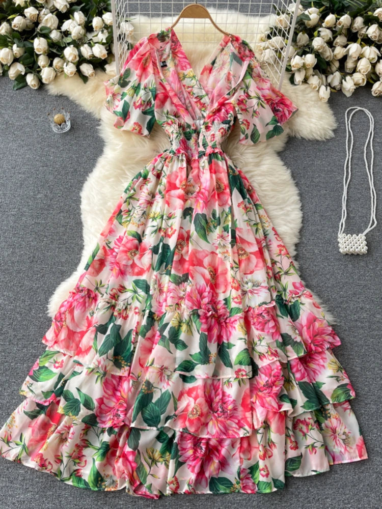 Elegante vestido de fiesta para mujer, de gasa, estampado floral, largo, manga corta, sexy, cuello en V, para playa