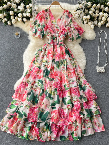 Elegante vestido de fiesta para mujer, de gasa, estampado floral, largo, manga corta, sexy, cuello en V, para playa
