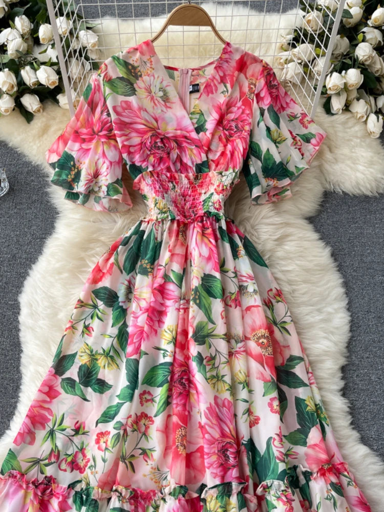 Elegante vestido de fiesta para mujer, de gasa, estampado floral, largo, manga corta, sexy, cuello en V, para playa