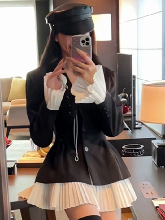 Elegante vestido de traje de patchwork para mujer, cuello vuelto, botonadura sencilla, manga acampanada, plisado, otoño primavera, ropa elegante coreana nueva