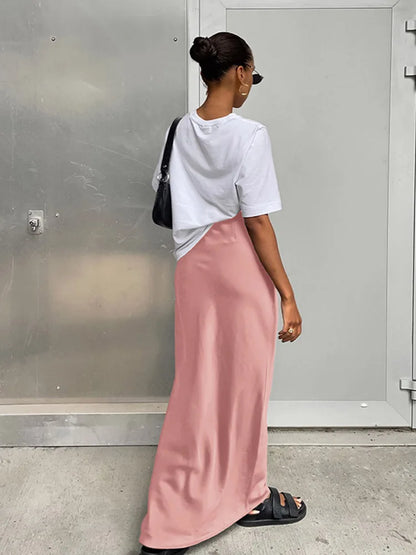 Elegantes faldas de trompeta de satén negro, faldas de moda ajustadas de cintura alta para mujer, falda larga de oficina lisa de primavera y verano 2025.