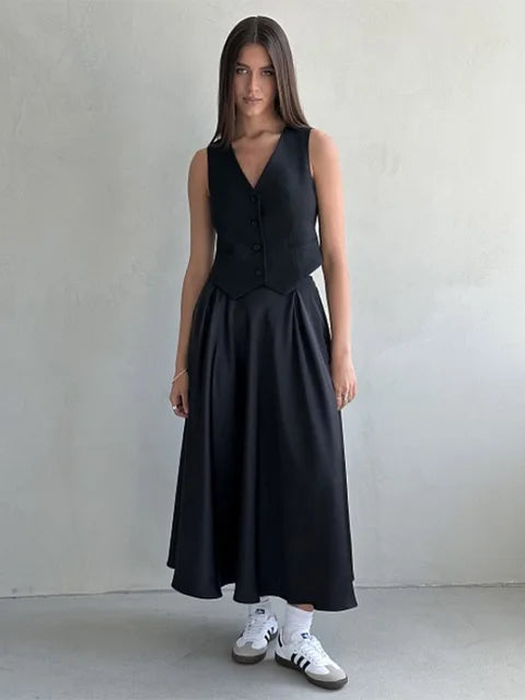Elegant Satin Loose Women Skirt 2025 High Waist Maxi Skirts Streetwear Classic Long Skirt Fashion Female Black Skirt