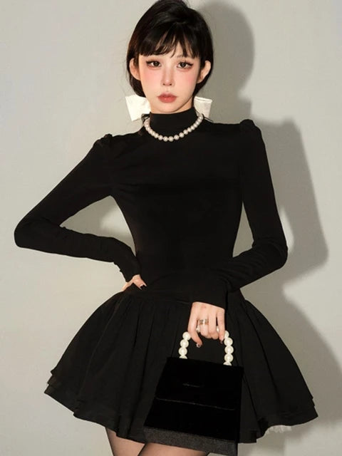 Elegante vestido de punto liso para mujer, manga larga, cuello medio alto, corte A, minivestidos para fiesta de cumpleaños de otoño e invierno, tendencia