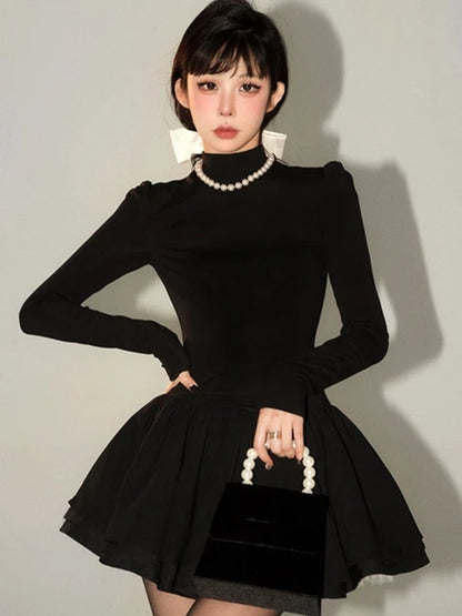 Elegante vestido de punto liso para mujer, manga larga, cuello medio alto, corte A, minivestidos para fiesta de cumpleaños de otoño e invierno, tendencia