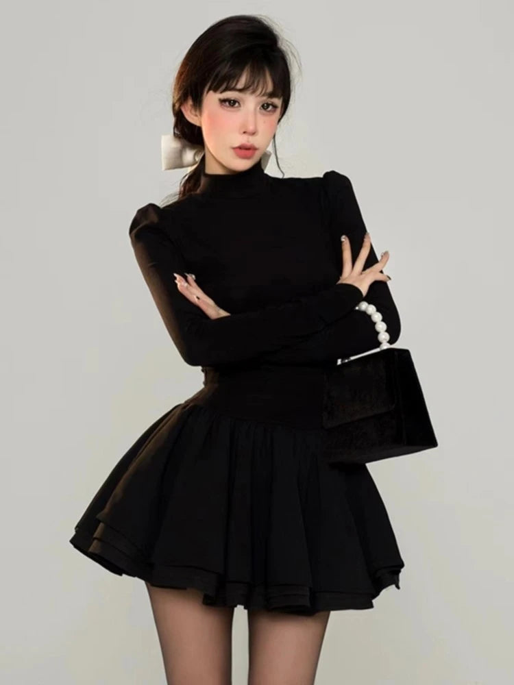 Elegante vestido de punto liso para mujer, manga larga, cuello medio alto, corte A, minivestidos para fiesta de cumpleaños de otoño e invierno, tendencia