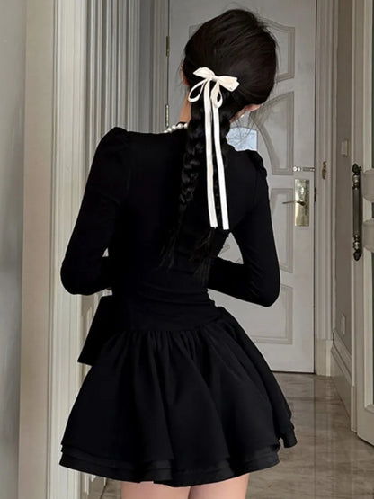 Elegante vestido de punto liso para mujer, manga larga, cuello medio alto, corte A, minivestidos para fiesta de cumpleaños de otoño e invierno, tendencia