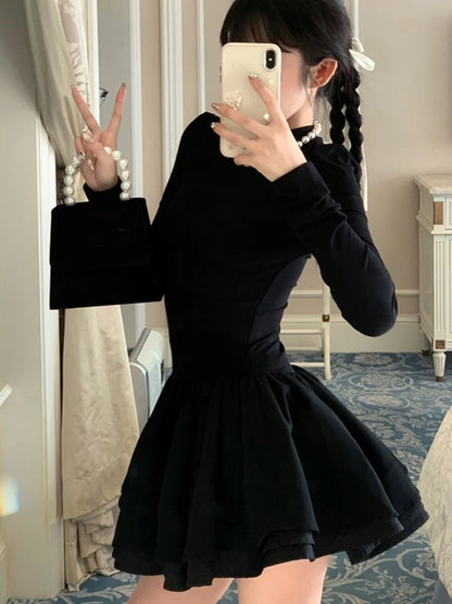 Elegante vestido de punto liso para mujer, manga larga, cuello medio alto, corte A, minivestidos para fiesta de cumpleaños de otoño e invierno, tendencia