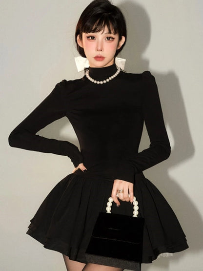 Elegante vestido de punto liso para mujer, manga larga, cuello medio alto, corte A, minivestidos para fiesta de cumpleaños de otoño e invierno, tendencia