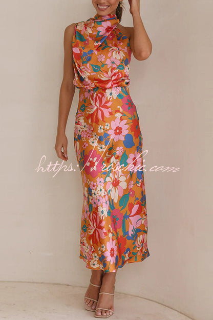 Fascinating Day Floral Halter Neck Elastic Waist Maxi Dress