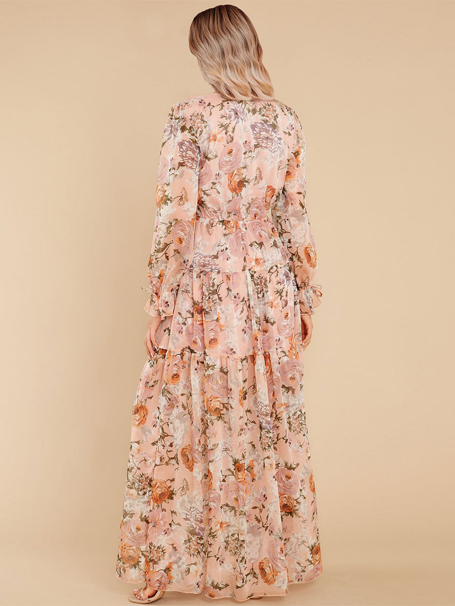 Maxi Dress V-Neck Long Sleeves Casual Floral Print Long Dress