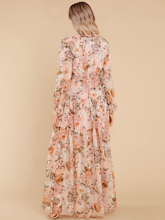 Maxi Dress V-Neck Long Sleeves Casual Floral Print Long Dress