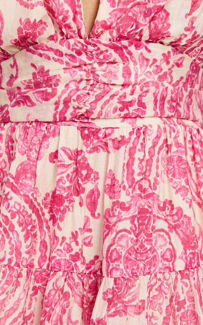 Adea Mini Dress Plunge Puff Sleeve Tiered Dress in Pink Floral