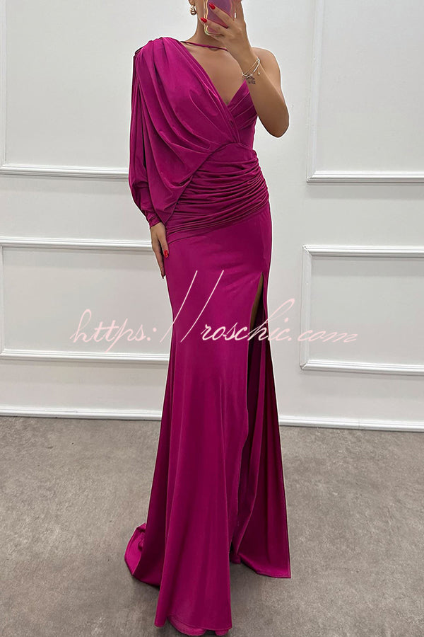 Like Venus One Shoulder Bat Sleeve Ruched Detail Slit Gown Maxi Dress