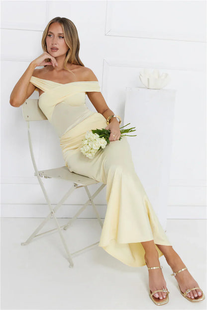 Silent Dreams Mesh Satin Off Shoulder Maxi Dress
