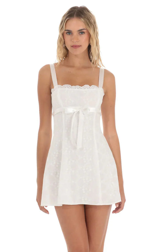 Ribbon Embroidered Floral Dress in White