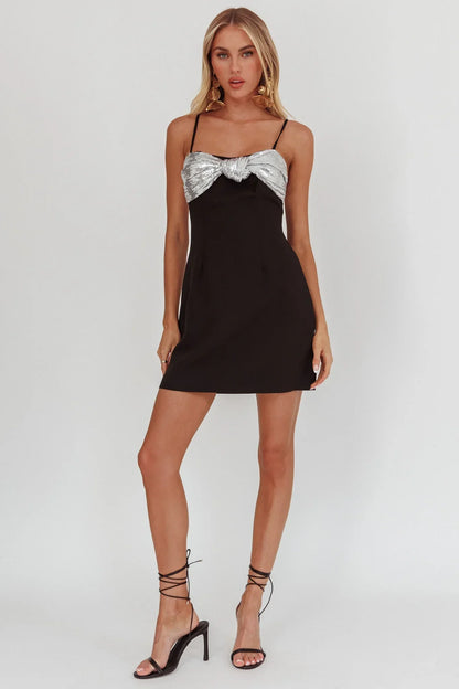 Sweet Caroline Sequin Twist Mini Dress Black/Silver