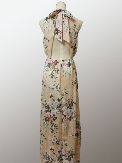 Boho Maxi Dress Floral Print Chiffon High Collar Split Soft Pink Summer Long Dress For Women