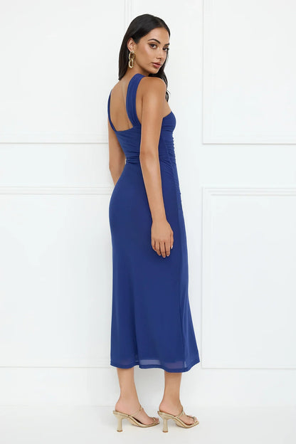 Nightlife Chic One Shoulder Mesh Midi Dress