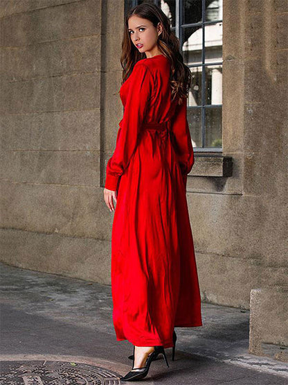 Maxi Dresses V-Neck Long Sleeves Sexy High-slit Floor Length Dress