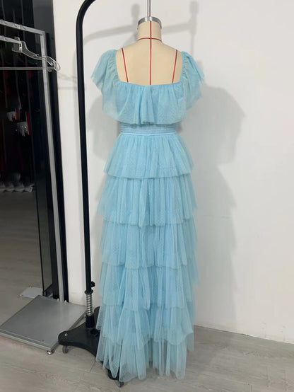 Layered Dress Cap Sleeves Sqaure Neck Elegant A-Line Prom Maxi Dresses