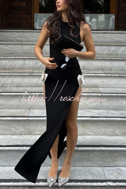 Sexy Sleeveless Round Neck Bow Detail Slim Fit Slit Maxi Dress