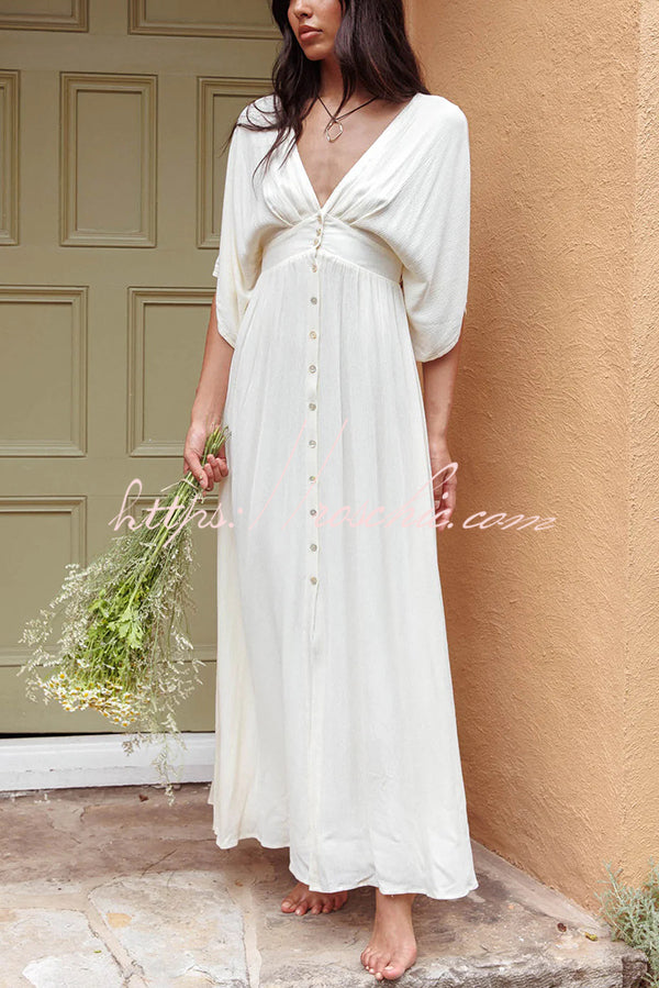Solid V-neck High Waisted Single Breasted Ultra Maxi Dress