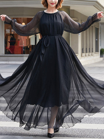 Long Sleeves Loose Falbala Gauze Pleated Solid Color Tied Waist Round-Neck Maxi Dresses