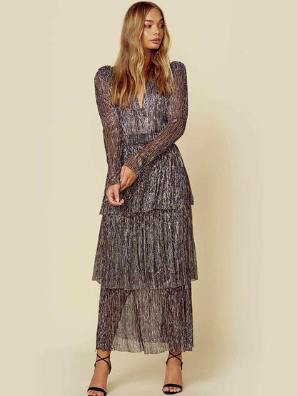 Tiered Maxi Dress Plunge Illusion Sleeves Strong Shoulder Prom Dresses