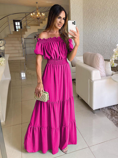 Boho Dress Off The Shoulder Pleated Tiered Casual Summer Maxi Dresses
