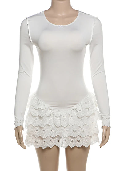 Fantoye Otoño Nuevo Vestido de Encaje con Cuello Redondo para Mujer, Blanco, de Manga Larga y Cintura Alta, Vestido Ajustado Elegante para Fiesta y Club.