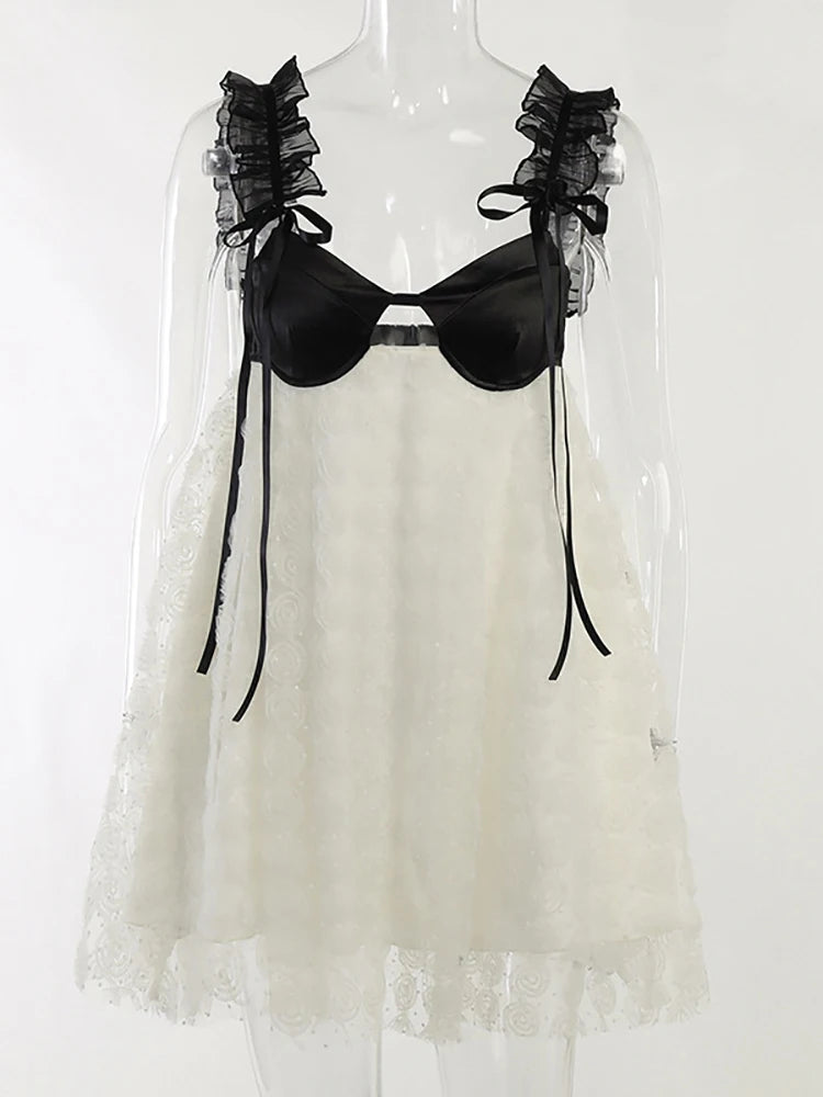 Vestido Fantoye de encaje transparente con retazos para mujer, minivestido sexy con tirantes finos en color albaricoque, informal, holgado, para primavera 2025