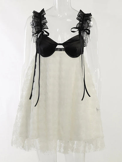Vestido Fantoye de encaje transparente con retazos para mujer, minivestido sexy con tirantes finos en color albaricoque, informal, holgado, para primavera 2025