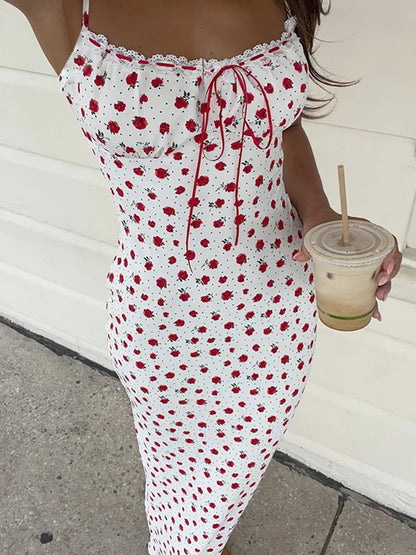 Fantoye - Vestido de noche blanco con tirantes finos y estampado floral, sexy, sin espalda, elegante, para fiesta y club, para mujer