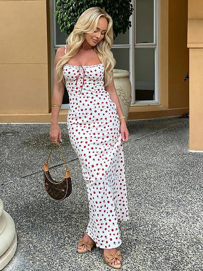 Fantoye - Vestido de noche blanco con tirantes finos y estampado floral, sexy, sin espalda, elegante, para fiesta y club, para mujer