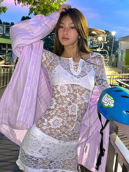 Vestido Fantoye sexy de encaje transparente para mujer, blanco, con hombros descubiertos y mangas acampanadas, ajustado, elegante, para fiesta, ropa de calle, primavera 2025