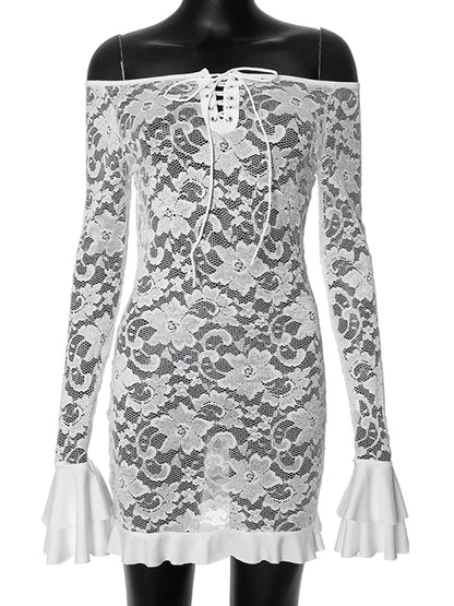 Vestido Fantoye sexy de encaje transparente para mujer, blanco, con hombros descubiertos y mangas acampanadas, ajustado, elegante, para fiesta, ropa de calle, primavera 2025