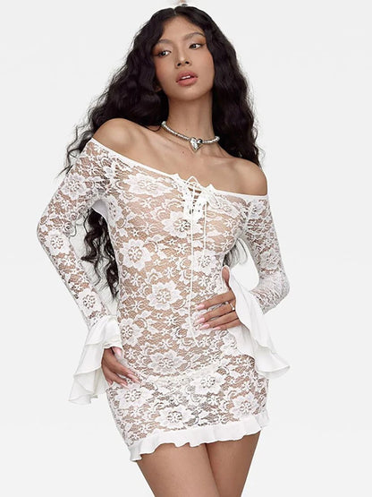 Vestido Fantoye sexy de encaje transparente para mujer, blanco, con hombros descubiertos y mangas acampanadas, ajustado, elegante, para fiesta, ropa de calle, primavera 2025