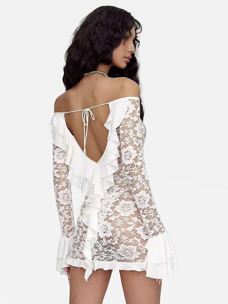 Vestido Fantoye sexy de encaje transparente para mujer, blanco, con hombros descubiertos y mangas acampanadas, ajustado, elegante, para fiesta, ropa de calle, primavera 2025