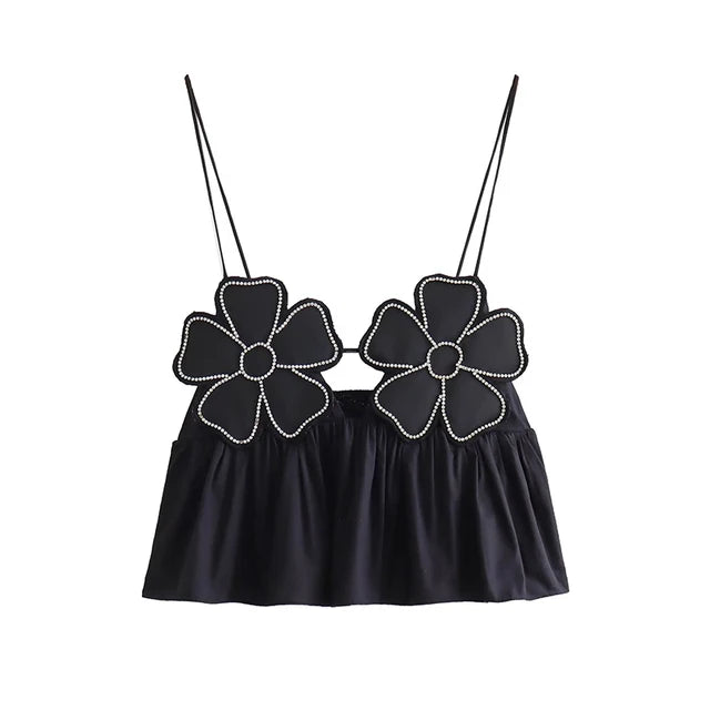 Top corto elegante con estampado floral negro a la moda para mujer, camisola Y2K con tirantes y espalda descubierta, ropa de calle elegante y sexy sin mangas para mujer