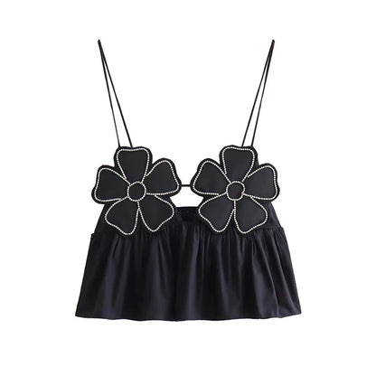 Top corto elegante con estampado floral negro a la moda para mujer, camisola Y2K con tirantes y espalda descubierta, ropa de calle elegante y sexy sin mangas para mujer