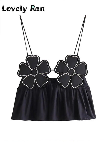 Top corto elegante con estampado floral negro a la moda para mujer, camisola Y2K con tirantes y espalda descubierta, ropa de calle elegante y sexy sin mangas para mujer