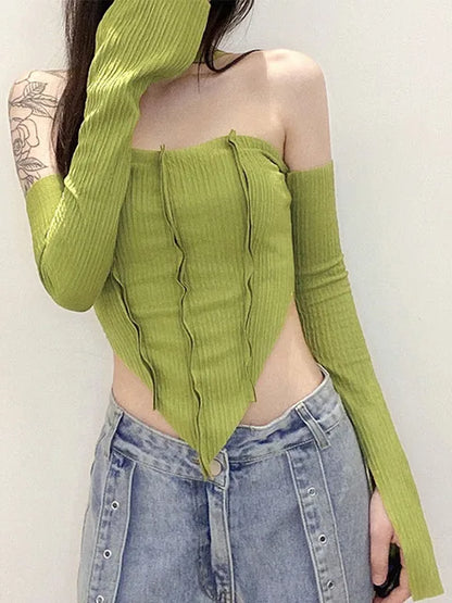 Camiseta de moda informal sexy con hombros descubiertos y cuello halter para mujer, nueva ropa de calle de otoño, top básico salvaje elástico ajustado Y2K