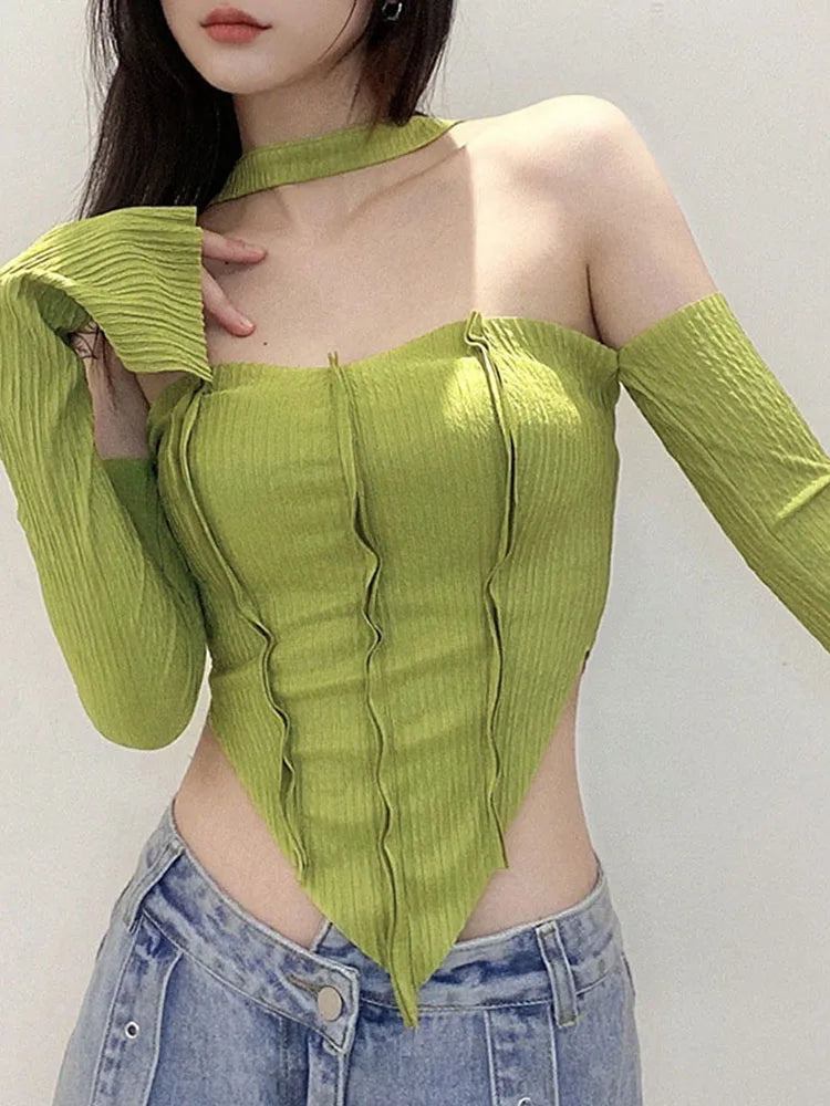Camiseta de moda informal sexy con hombros descubiertos y cuello halter para mujer, nueva ropa de calle de otoño, top básico salvaje elástico ajustado Y2K