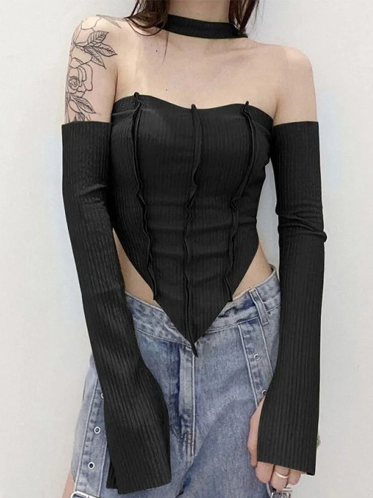 Camiseta de moda informal sexy con hombros descubiertos y cuello halter para mujer, nueva ropa de calle de otoño, top básico salvaje elástico ajustado Y2K