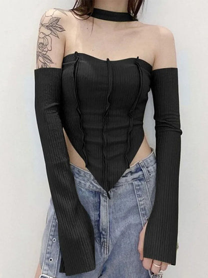 Camiseta de moda informal sexy con hombros descubiertos y cuello halter para mujer, nueva ropa de calle de otoño, top básico salvaje elástico ajustado Y2K