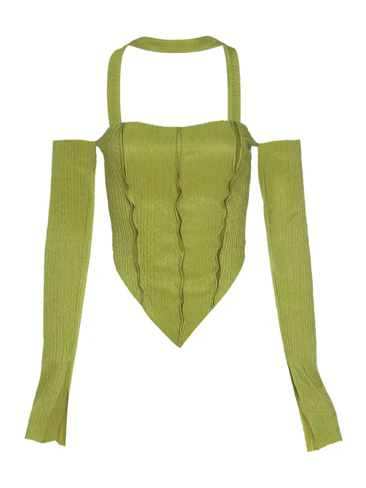 Camiseta de moda informal sexy con hombros descubiertos y cuello halter para mujer, nueva ropa de calle de otoño, top básico salvaje elástico ajustado Y2K