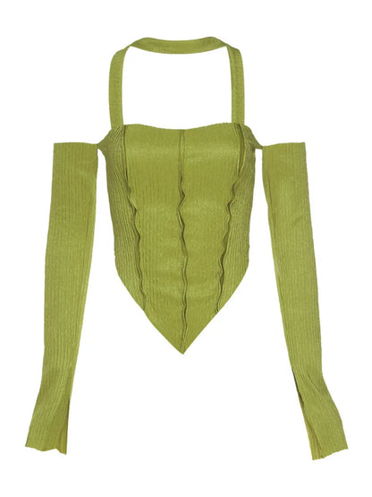 Camiseta de moda informal sexy con hombros descubiertos y cuello halter para mujer, nueva ropa de calle de otoño, top básico salvaje elástico ajustado Y2K