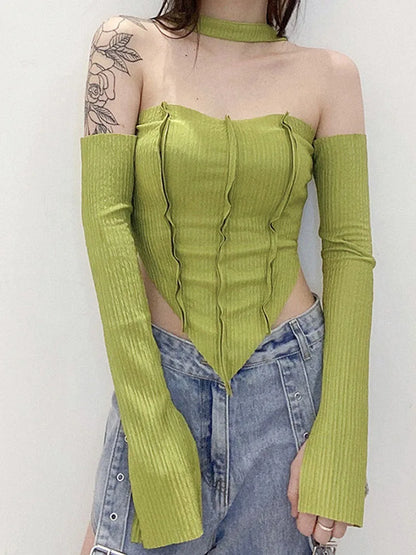 Camiseta de moda informal sexy con hombros descubiertos y cuello halter para mujer, nueva ropa de calle de otoño, top básico salvaje elástico ajustado Y2K