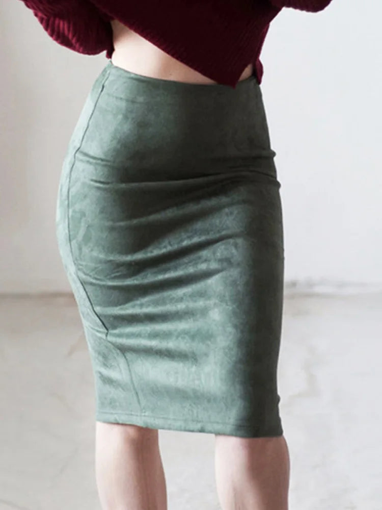 Faldas estilo imperio de moda Primavera 2025, falda lápiz de gamuza sintética, cintura alta, ajustadas, con abertura, gruesas y elásticas.